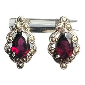 Sterling Silver 925 Marcasite & Pear Shaped Ruby Colored Stone Studs Earrings